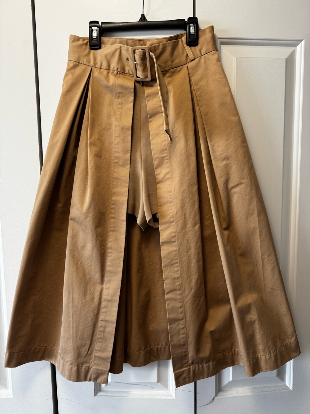 Sandro Camel A-Line Belted Midi Skirt